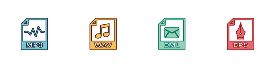 Set MP3 file document, WAV, EML and EPS icon. Vector