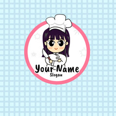 vector cute girl chef cartoon in cooking suit with knife illustration logo