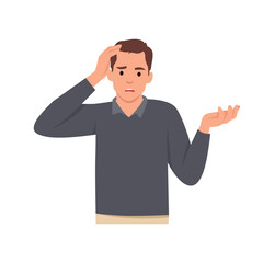 Young man Migraine, stress, headache concept. Frustrated stressed man suffering from headache holding hands on head. Flat vector illustration isolated on white background