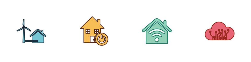 Set House with wind turbine, Smart home, wi-fi and Internet of things icon. Vector
