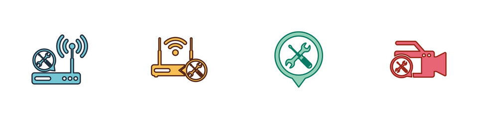 Fototapeta premium Set Router wi-fi service, with, Location and Video camera icon. Vector