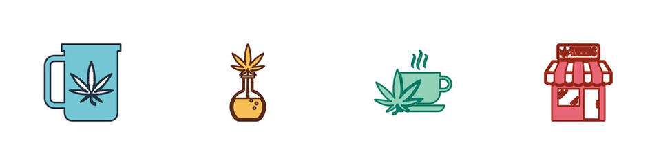 Set Cup tea with marijuana, Test tube, and Marijuana and cannabis store icon. Vector