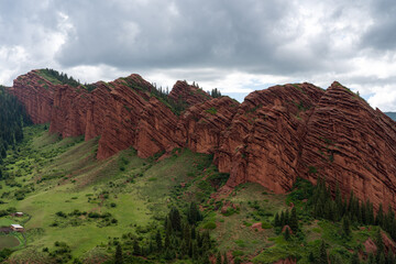 Landscape of mountains of seven bulls in Jeti-Oguz village in Kyrgyzstan