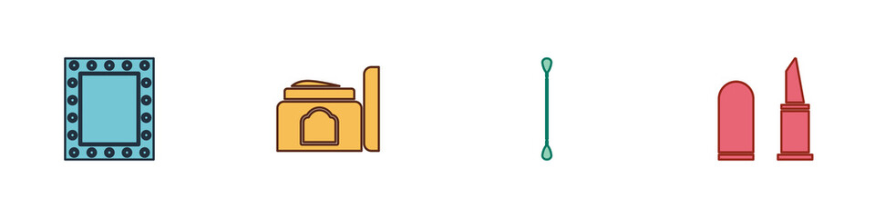 Set Makeup mirror with lights, Cream cosmetic tube, Cotton swab for ears and Lipstick icon. Vector