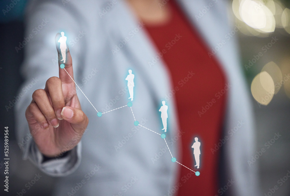 Poster networking, investigation and touchscreen technology with the hand of a business woman pointing to y