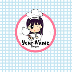 vector cute chef logo in chef uniform with pan bakery illustration