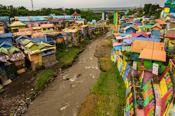 Fototapeta premium Java, Indonesia, June 13, 2022 - Malang Village of Color overview as seen from bridge Malang Village of Color overview as seen from bridge.