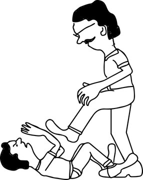 recommend clip art: Cartoon doodle of Strong man hitting the fallen weak man on the ground with his shoes, humiliation of poor man by powerful man sketch drawing silhouette