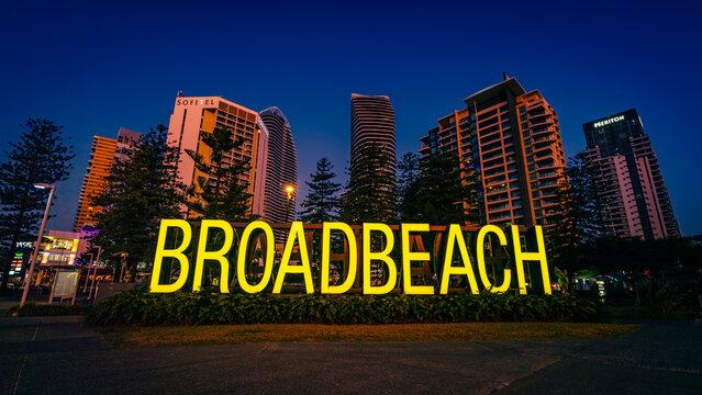 Gold Coast, Queensland, Australia - Aug 23, 2022: Broadbeach sign with the city skyline in the background
