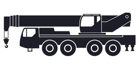 Truck crane. Vector icon isolated on white background. Black silhouette of a construction vehicle. Lifting machine on a truck chassis.