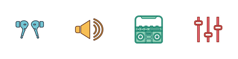 Fototapeta premium Set Air headphones, Speaker volume, Home stereo with speakers and Music equalizer icon. Vector