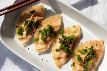 A plate of homemade buffalo chicken dumplings topped with sauteed onions. 