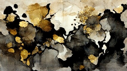 Abstract black and golden watercolor and ink texture