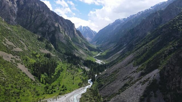 Drone flight along Ala Archa george in Kyrgyzstan