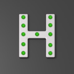 Capital letter H from silver and emeralds. Silver font with emeralds. Jewelry letters. Jewelry premium font made of silver and emerald. Black background. 3d illustration