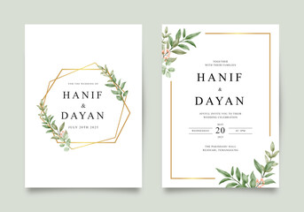 Fototapeta na wymiar Foliage wedding invitation template with golden geometric frame