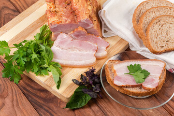 Open sandwich with boiled smoked pork belly and ingredients