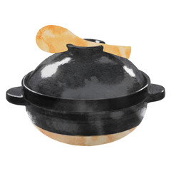 土鍋ご飯としゃもじの水彩イラスト