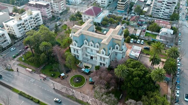 Aerial orbit of the Carrasco Palace in Viña del Mar, Chile