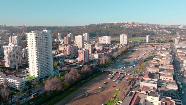 Static aerial view of the Marga Marga estuary in Vi&ntilde;a del Mar on a sunny day, Chile.