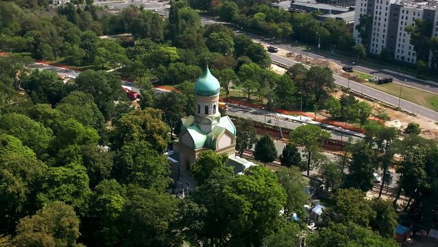 Aerial View of St John Climacus Orthodox Church and Cemetery in Warsaw, Poland
