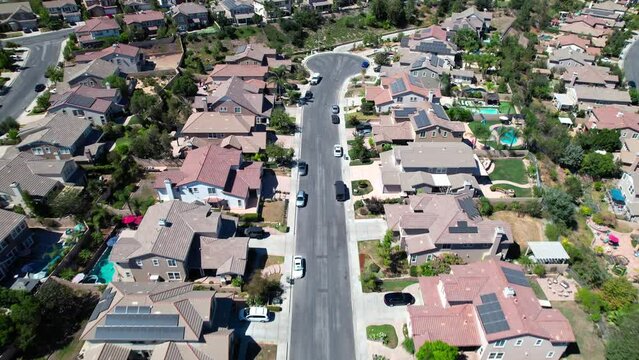 A suburban neighborhood community in Simi Valley, California - aerial flyover