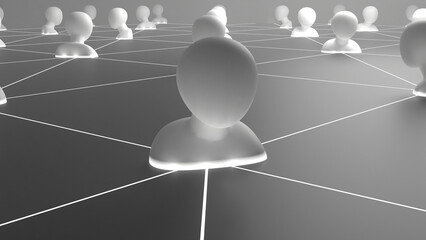 rendered simple-3D scene of organized plain figures with connecting lines establishing relationship