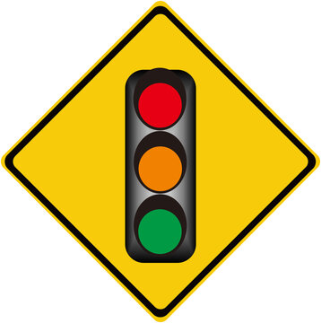A traffic sign that means : traffic light ahead. yellow. 