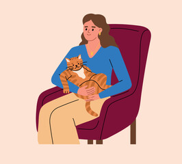 Woman holding ginger fat cat on her laps, sitting in the armchair. Friend pussy cat. Cute kitty. Pet cartoon flat vector illustration.