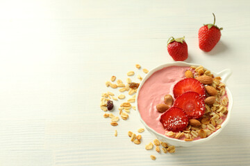 Concept of delicious food with smoothie with different ingredients, space for text