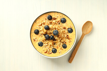 Concept of delicious food with smoothie with different ingredients, top view