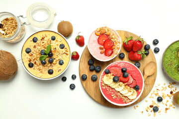 Concept of delicious food with smoothie with different ingredients, top view