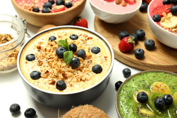 Concept of delicious food with smoothie with different ingredients, close up