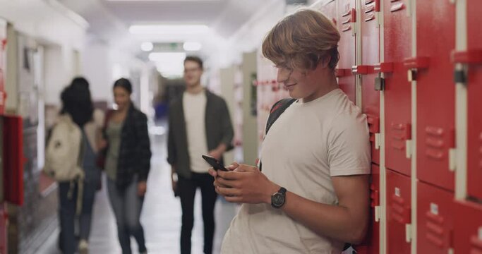 5g network, internet and smartphone student on social media communication app in school hall. Happy boy browsing the web or internet with a wifi connection mobile phone at education institute