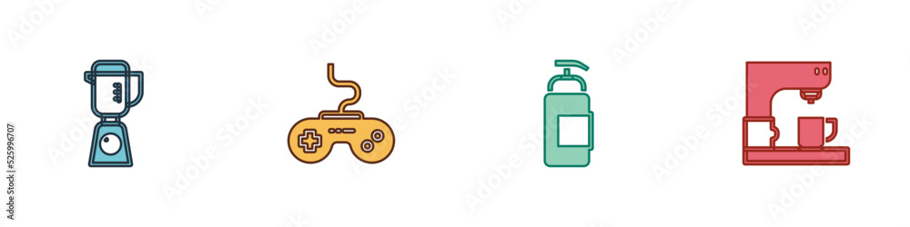 Sticker Set Blender, Gamepad, Antibacterial soap and Coffee machine icon. Vector