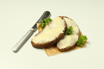 Concept of breakfast on white background, eat food with butter
