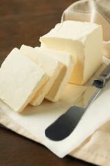 Concept of breakfast, eat food with butter, close up