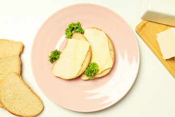Concept of breakfast, eat food with butter, top view