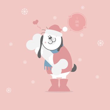 cute and lovely hand drawn dog huging bone with heart, happy valentine's day, love concept, flat vector illustration cartoon character costume design