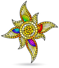 An illustration in the style of a stained glass window with a bright sun , isolated on a white background