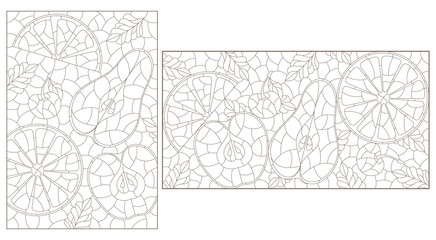 A set of contour illustrations with fruits, dark contours on a white background