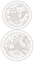 Set of contour illustrations of stained glass Windows with cute cartoon cats on a cloud background, dark contours on a white background