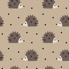 Vector seamless pattern with cartoon hedgehogs and dots. Simple wallpaper for kids with a forest animal. © Tatiana