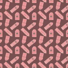 Pink maroon stylish house on black background seamless pattern, cute simple hand drawn