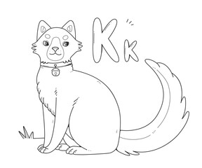 Cat coloring book with russian large and small letters K. Children's coloring page alphabet. Vector linear illustration with an animal.