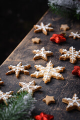 Christmas gingerbread cookies in shape of snowflake