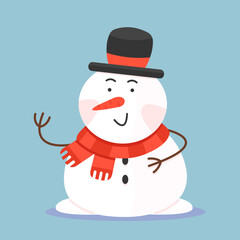 A smiling snowman in a hat and scarf in cartoon style. Vector isolated Christmas illustration on a white background.