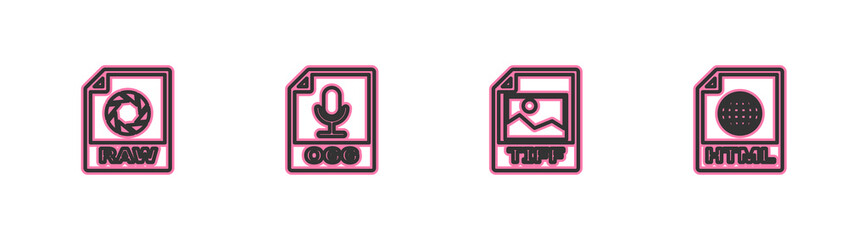 Set line RAW file document, TIFF, OGG and HTML icon. Vector