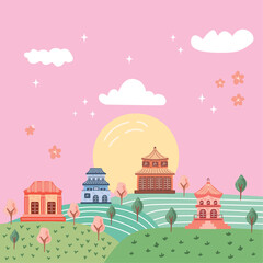 Fototapeta premium korean landscape with houses in field