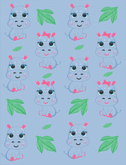 Pattern with cute hippos and watercolor green leaves